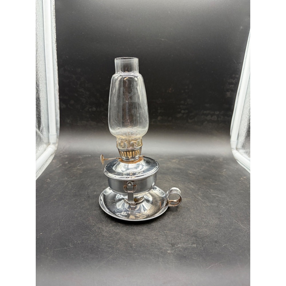 Vintage Miniature Chrome Oil Lamp with Glass Chimney Finger Hold Base